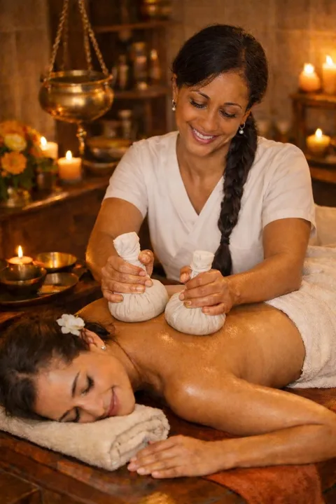 Kräuterstempel-Massage Ganzkörper — Aufnahme von der bisherigen ATMA-VEDA Website